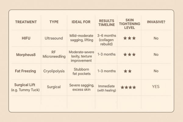 Table showing the comparisons of Skin tightening Parsons Green treatment options.
